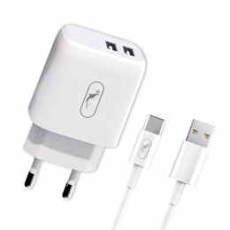 Мрежово зарядно устройство SkyDolphin SC22EBT 2USB/2.1A c кабел Type-C white