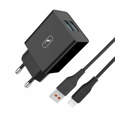 Мрежово зарядно устройство SkyDolphin SC30L 2USB/2.1A кабел Lightning black
