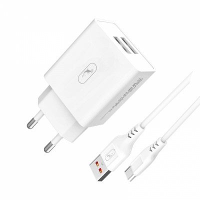 Мрежово зарядно устройство SkyDolphin SC30T 2USB/2.1A с кабел Type-C white
