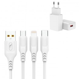 Мрежово зарядно устройство SkyDolphin SC36E 1USB/2.4A с кабел Lightning/Type-C/Micro USB white